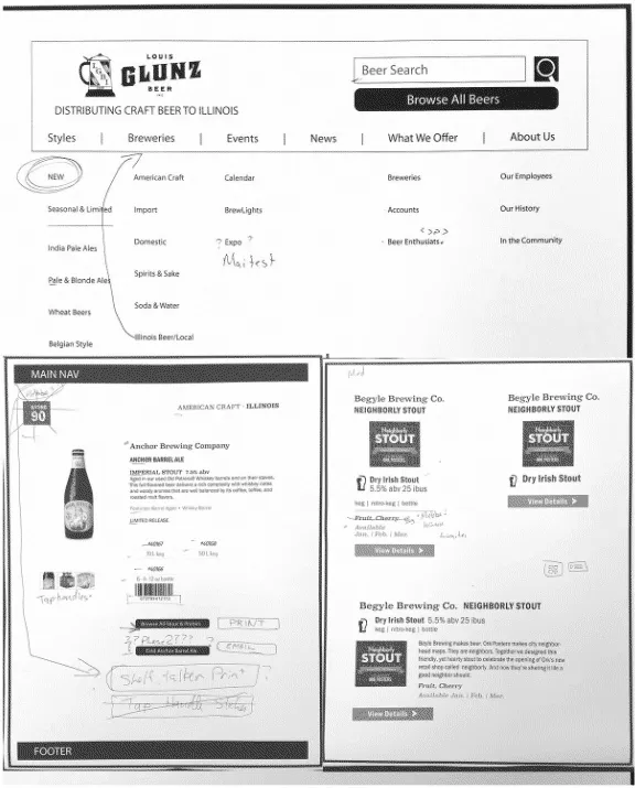 Wireframe notes for glunzbeers.com