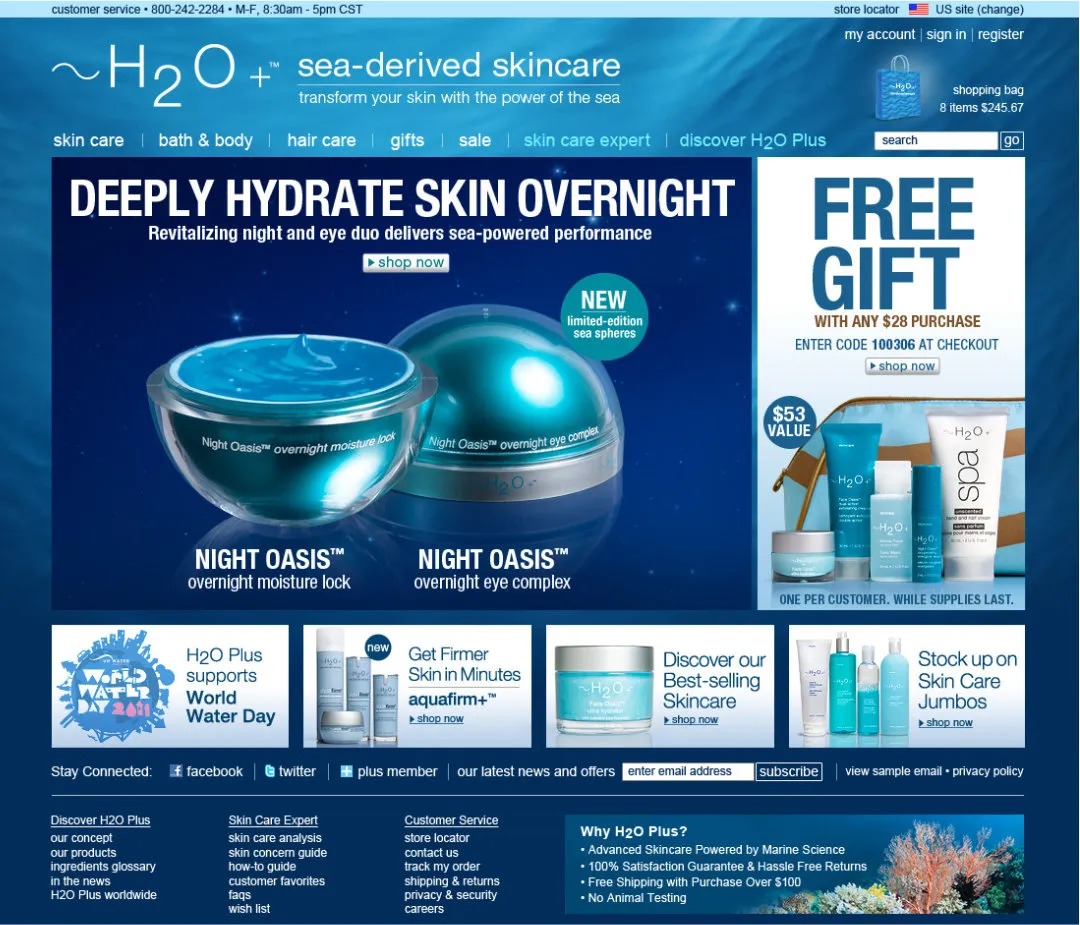 H2O Plus transistional homepage with a deep undersea background.